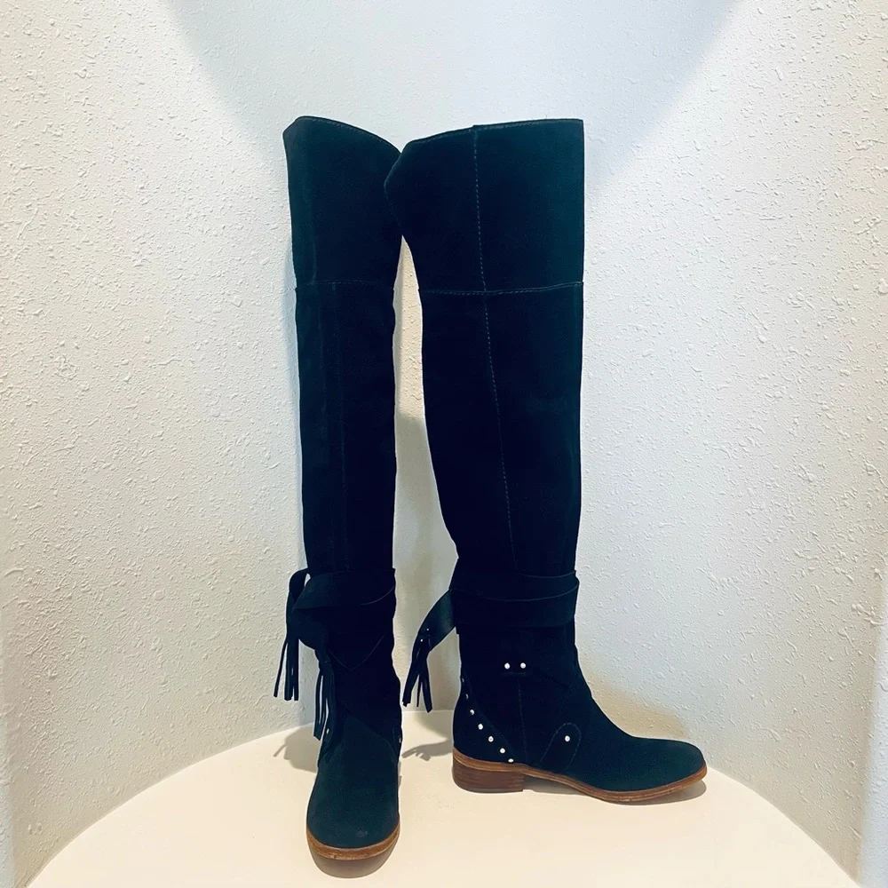 See By Chloe Dasha Suede Black Over the Knee Block Heel Boots Size 5 NEW